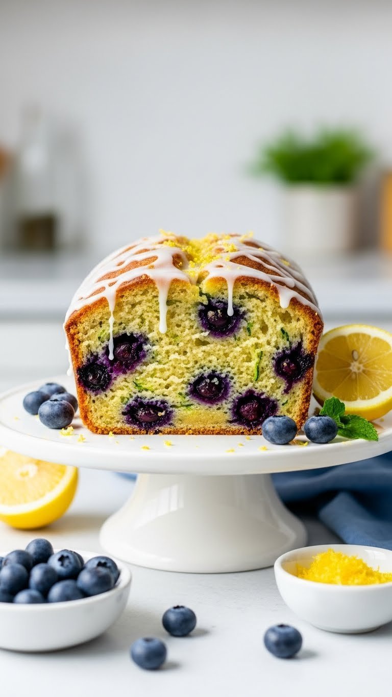 Lemon blueberry zucchini loaf with glaze and berries on white porcelain stand