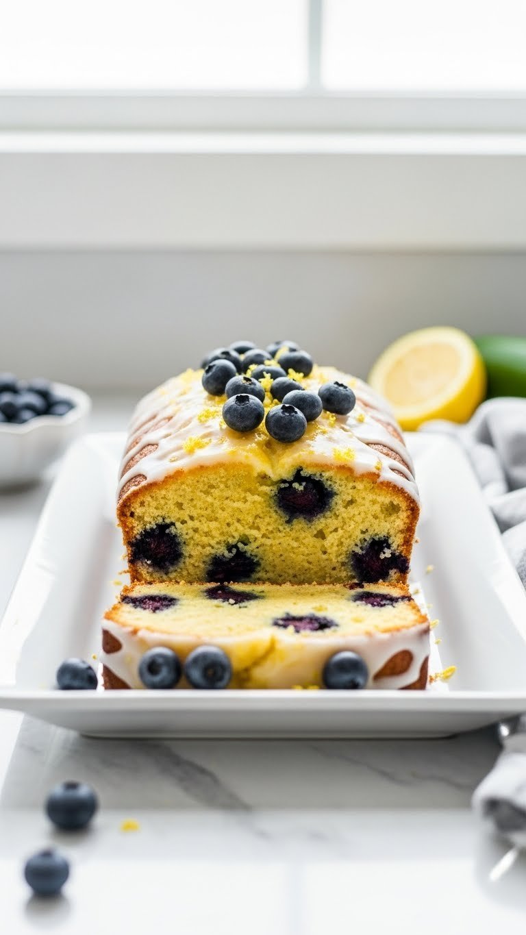 Lemon blueberry zucchini loaf with lemon glaze drizzle and fresh blueberries on white ceramic serving platter.