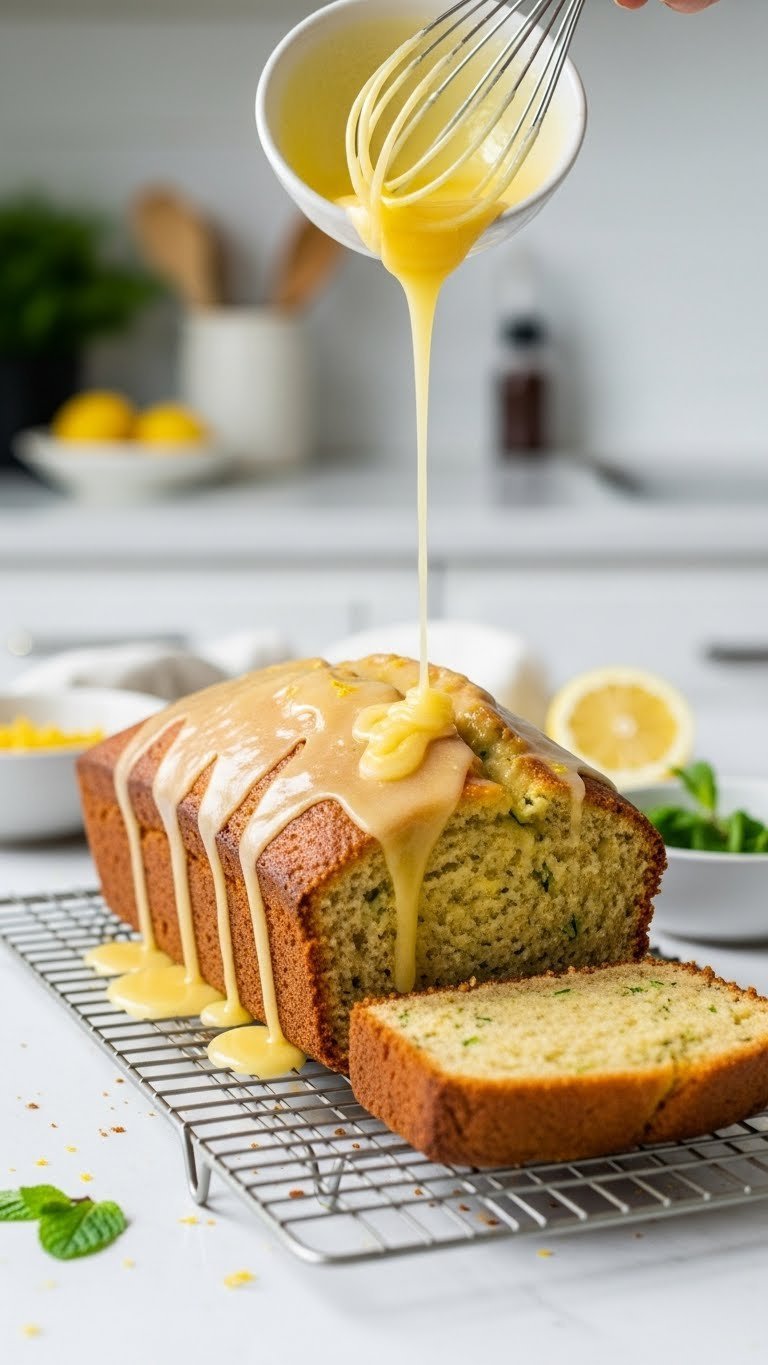 Lemon glaze being drizzled over golden brown zucchini bread loaf on cooling rack