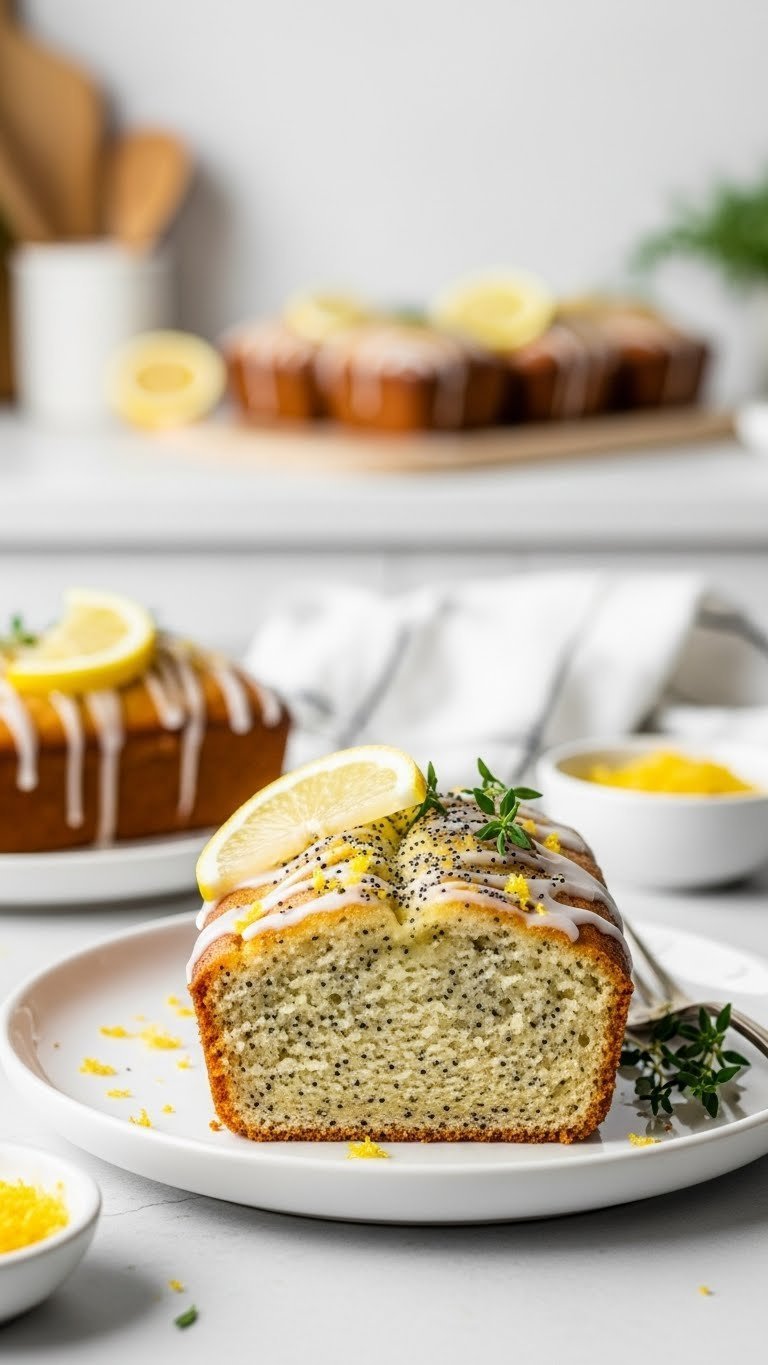 Lemon poppy seed zucchini bread mini loaf drizzled with lemon glaze on white ceramic plate with visible poppy seeds in moist crumb.