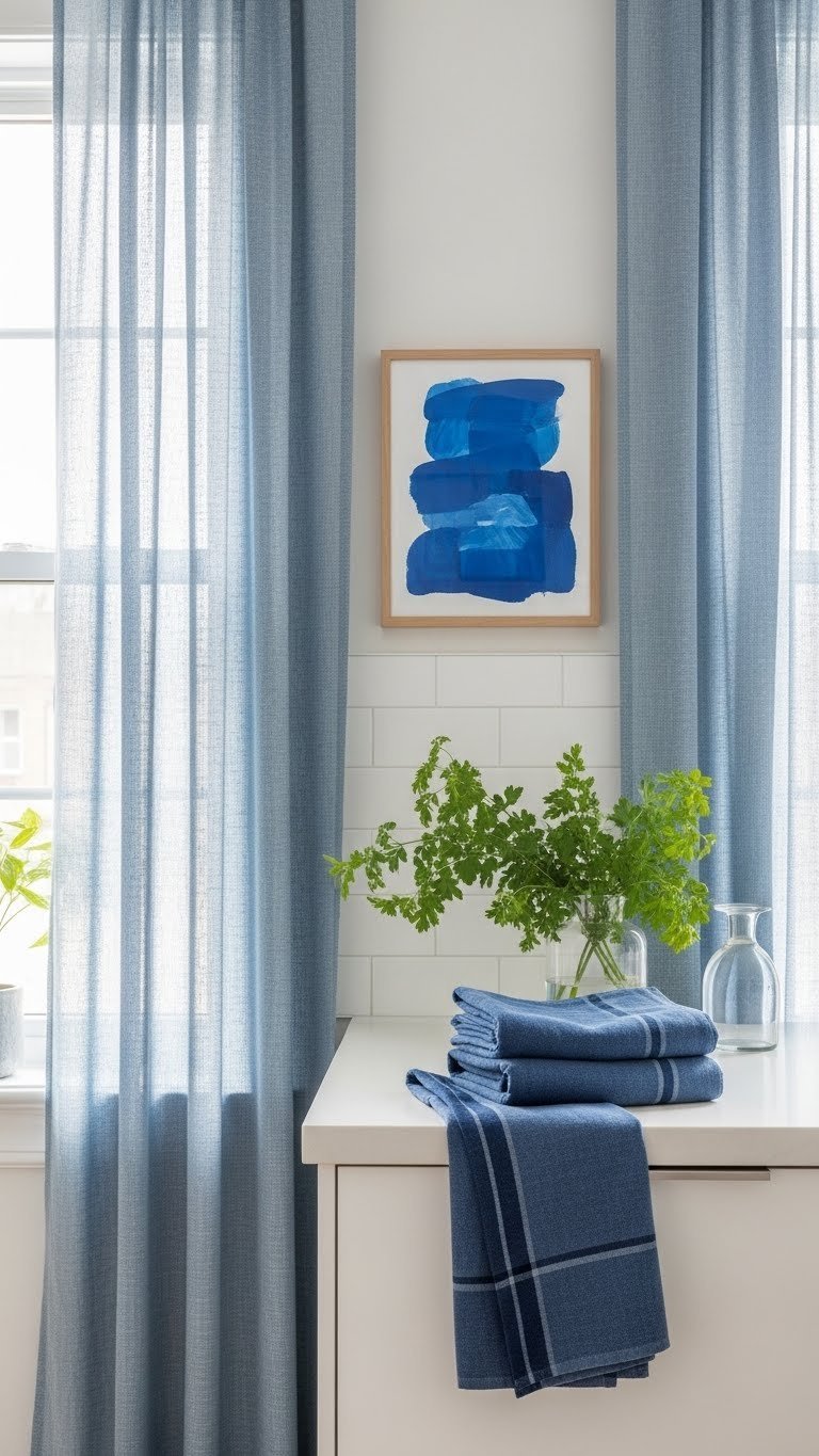 Light blue linen curtains on kitchen window with abstract blue painting and indigo tea towels