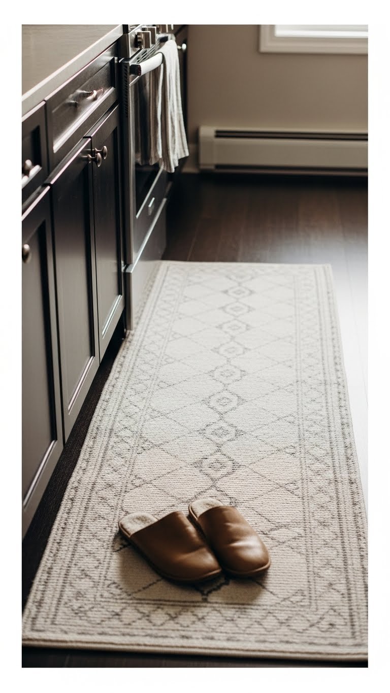 Light-colored geometric runner rug on floor between dark matte kitchen cabinets in cozy apartment interior