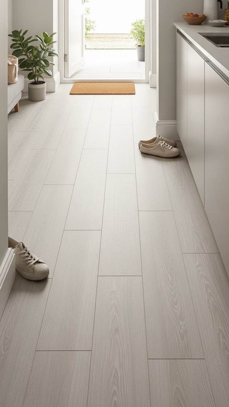 Light-colored porcelain tile flooring extending seamlessly from kitchen to hallway creating open-plan feel