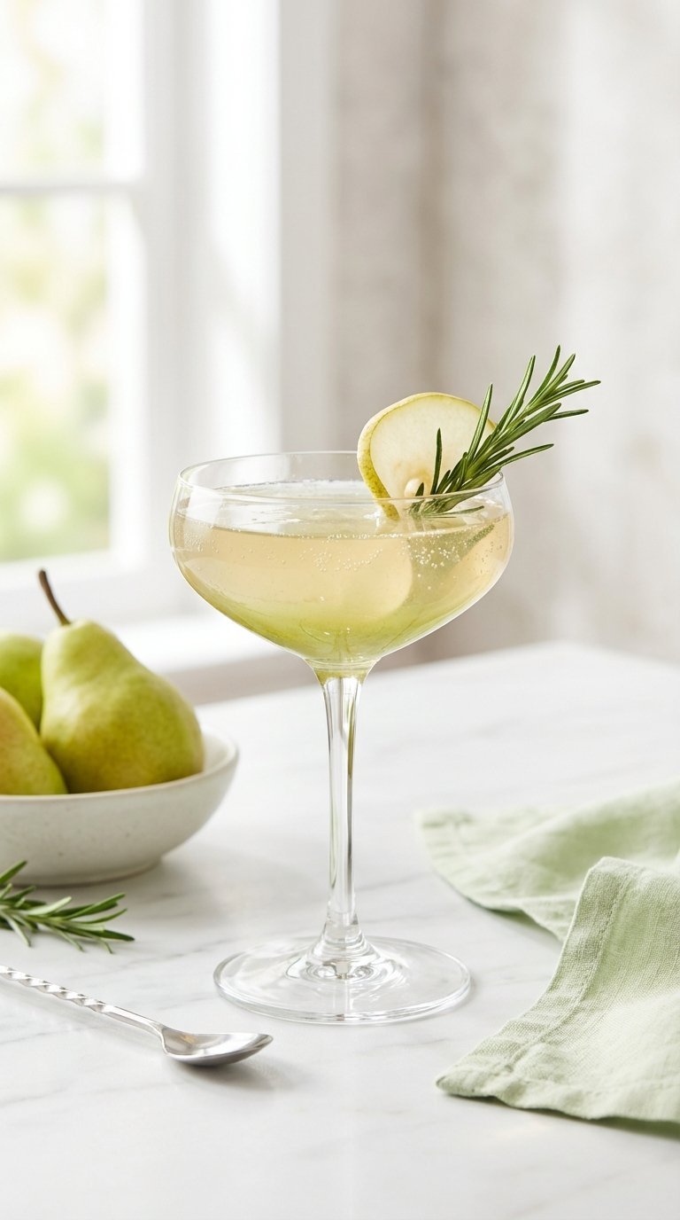 Light effervescent harvest pear rosemary fizz cocktail in delicate coupe glass with pear slice and rosemary sprig