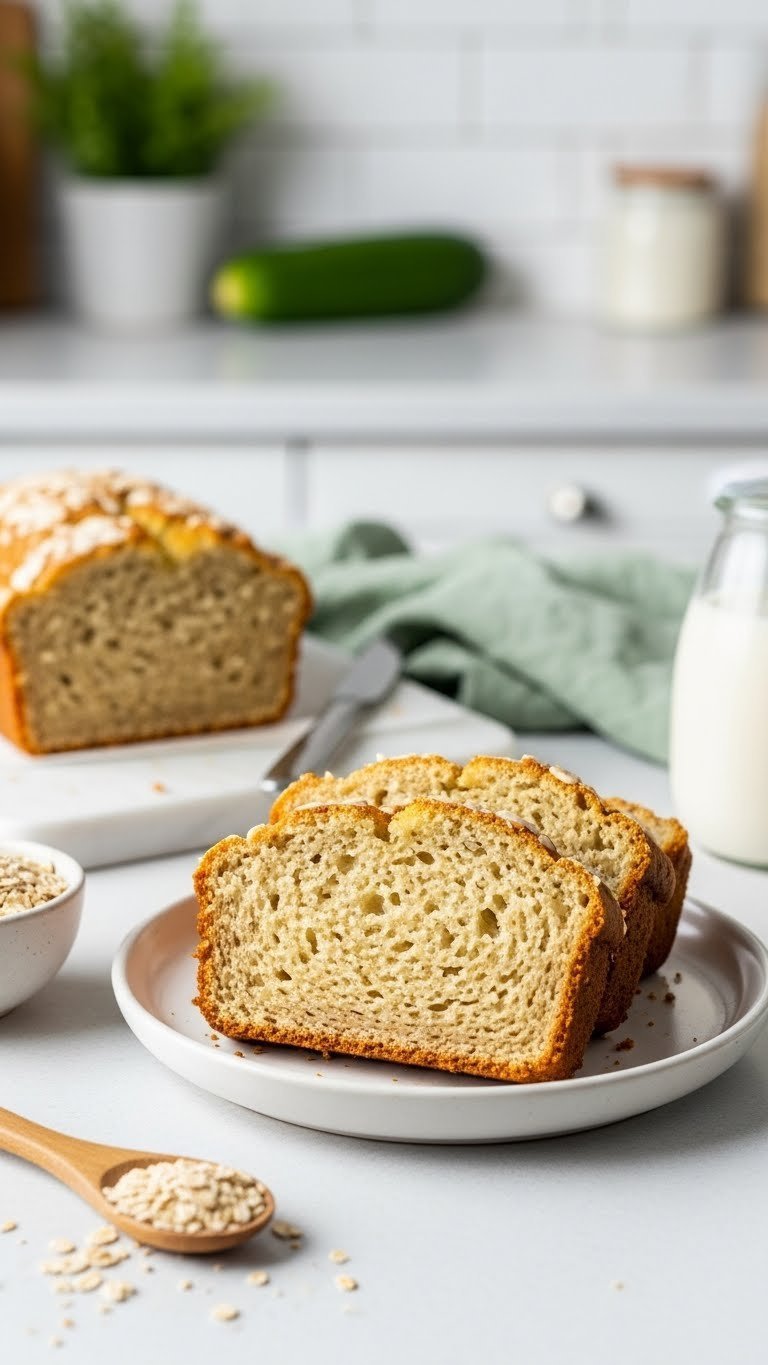 Light gluten-free zucchini bread slice with delicate crumb on white ceramic plate in minimalist kitchen setting.