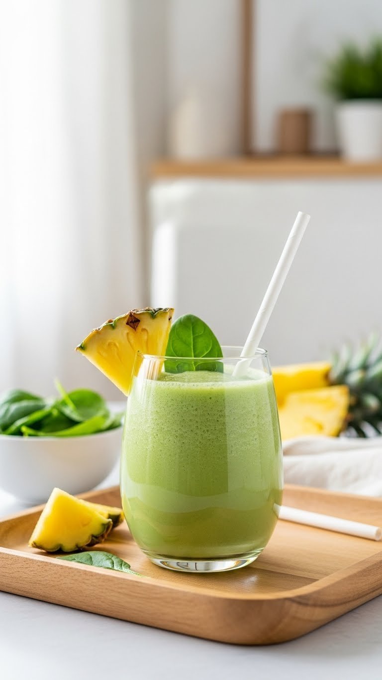 Light green spinach pineapple detox smoothie in ergonomic glass with pineapple wedge garnish on wooden tray