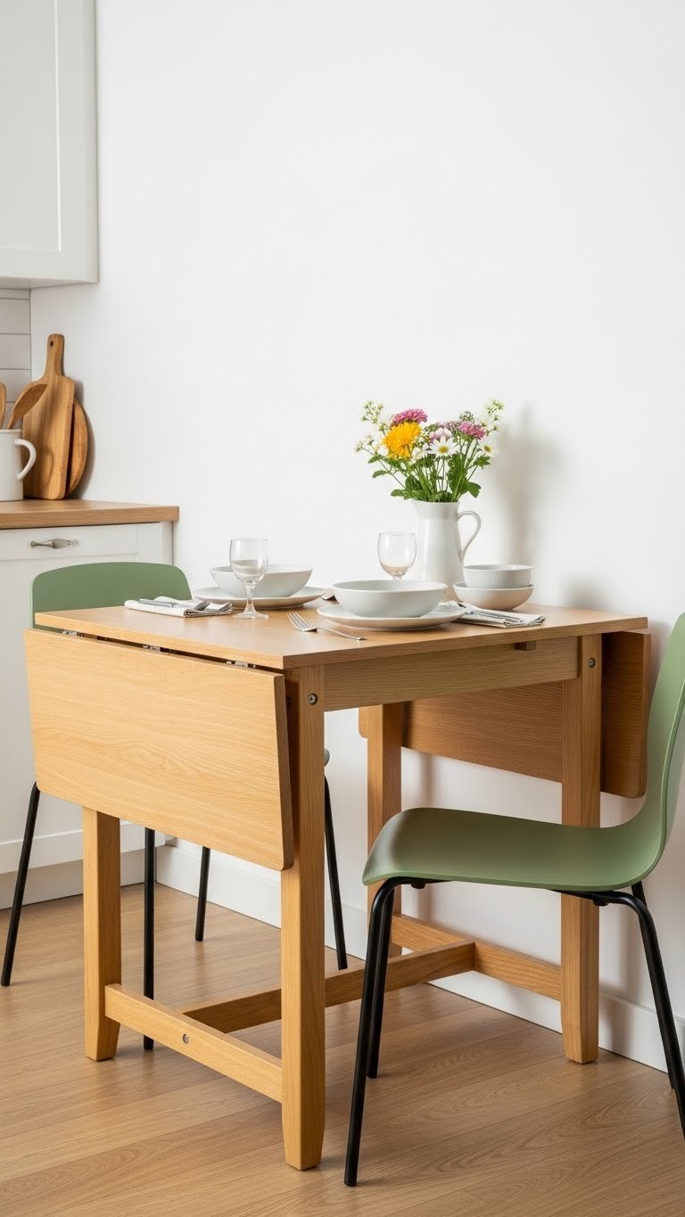 Light wood drop-leaf table with extended leaf and simple place setting against bright kitchen wall
