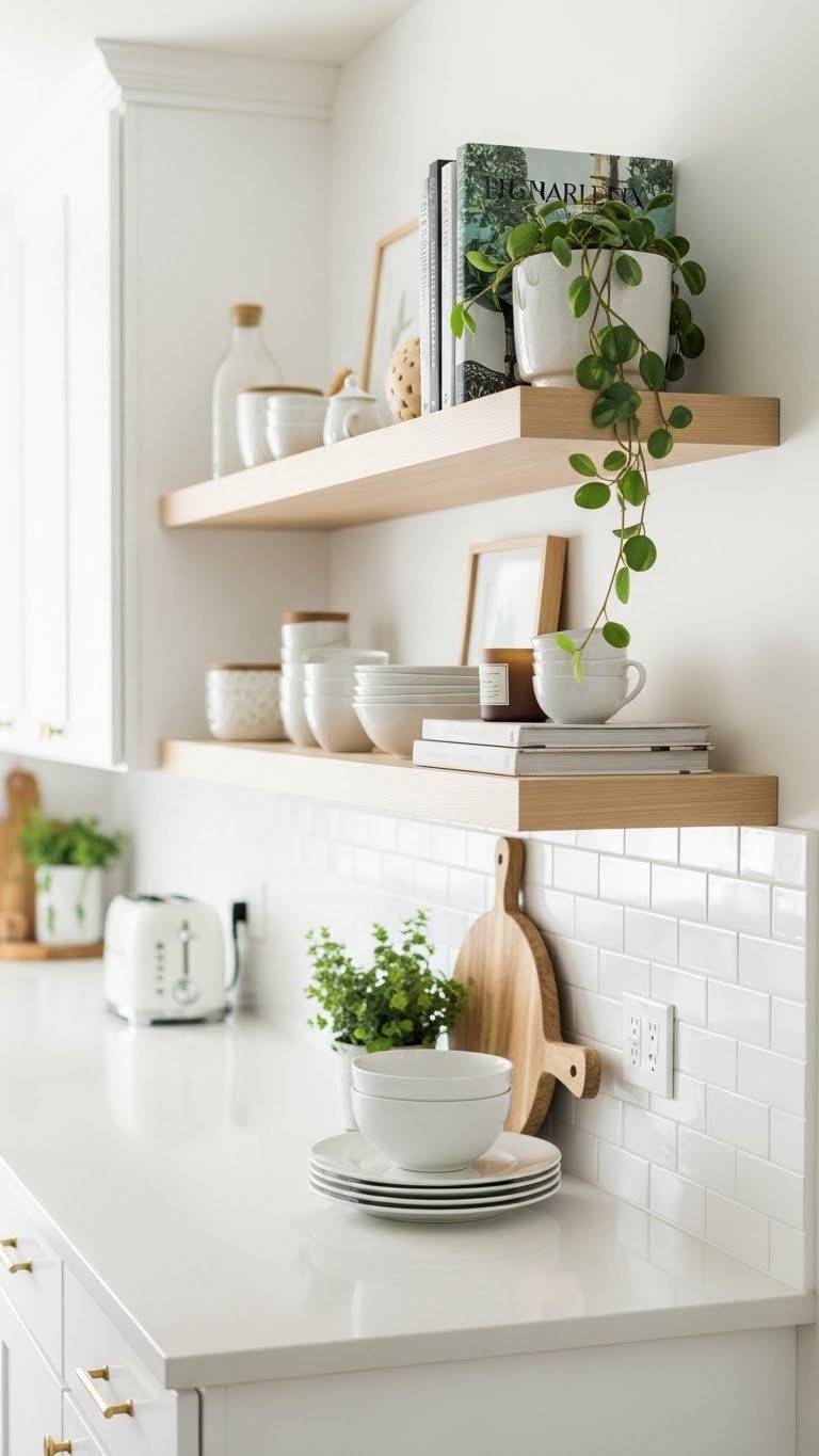 Light wood floating shelves with minimalist ceramic dishware and plants on pristine white kitchen wall