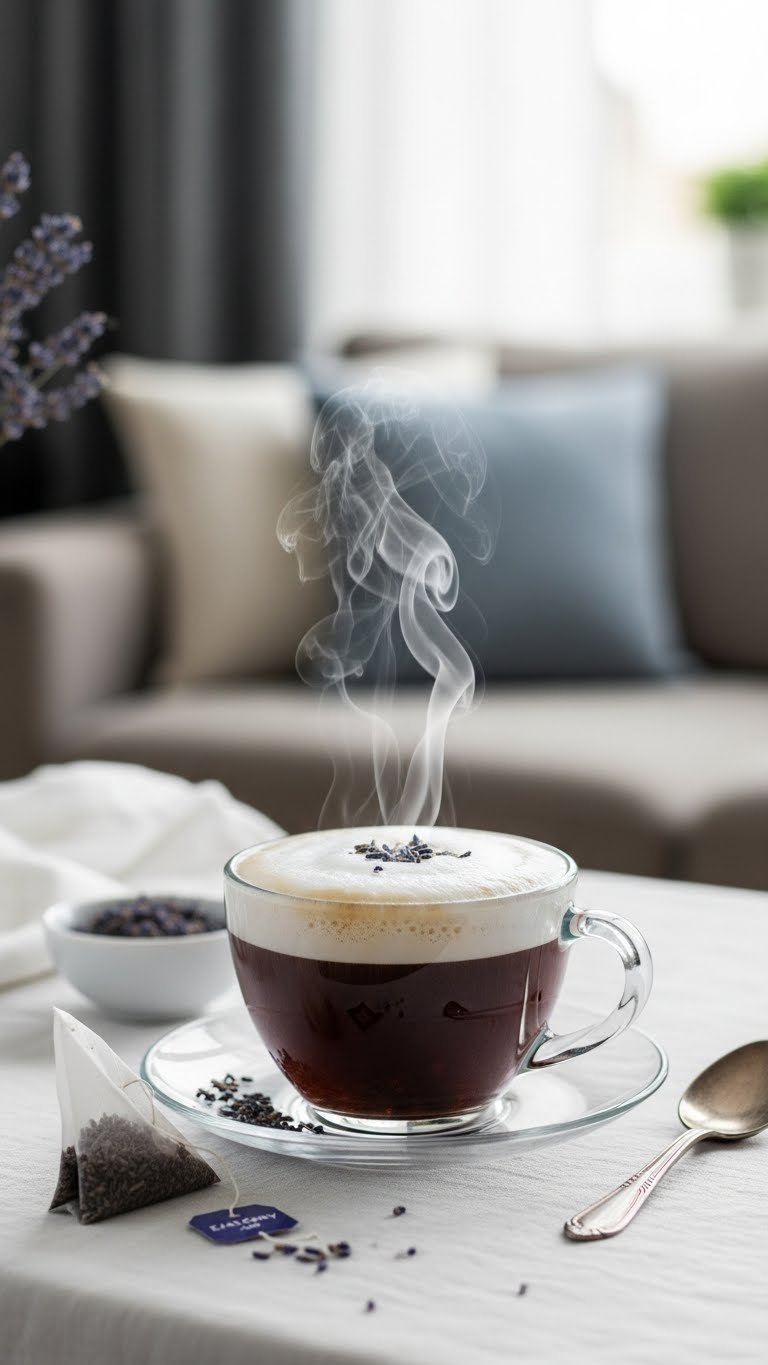 London Fog tea latte in clear teacup with Earl Grey tea and frothed milk on white linen