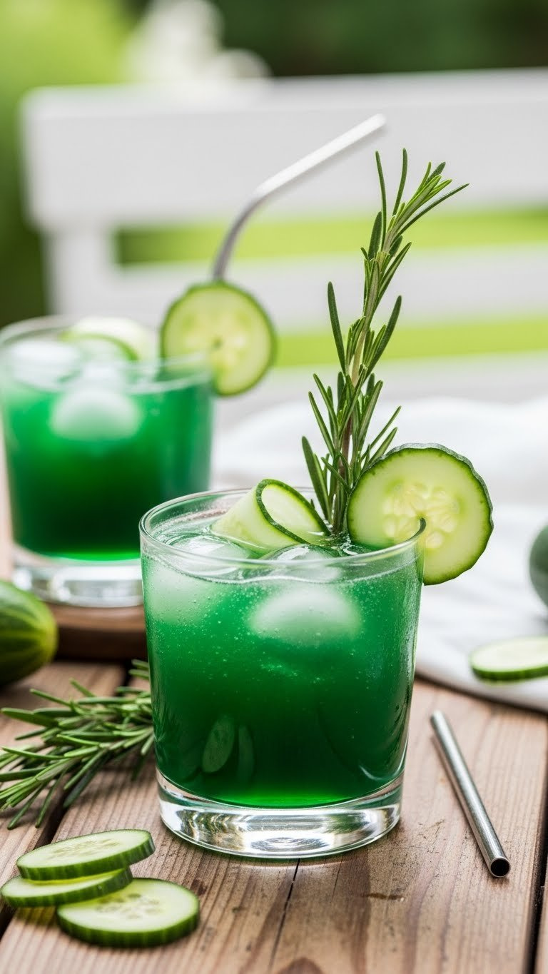 Lowball glass filled with vibrant emerald green botanical cooler garnished with rosemary sprig and cucumber slices on rustic wooden table