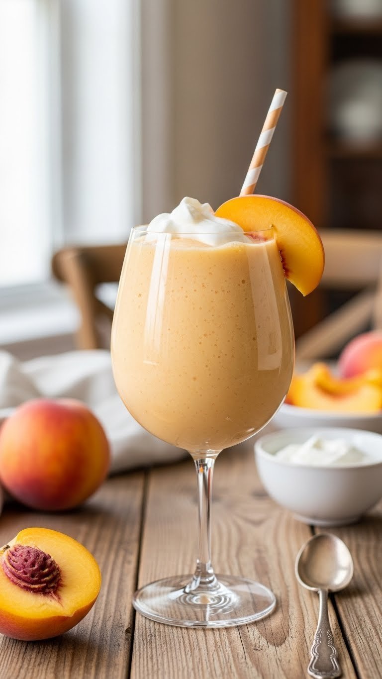 Luscious peach cream dream smoothie in elegant stemmed glass with whipped cream topping