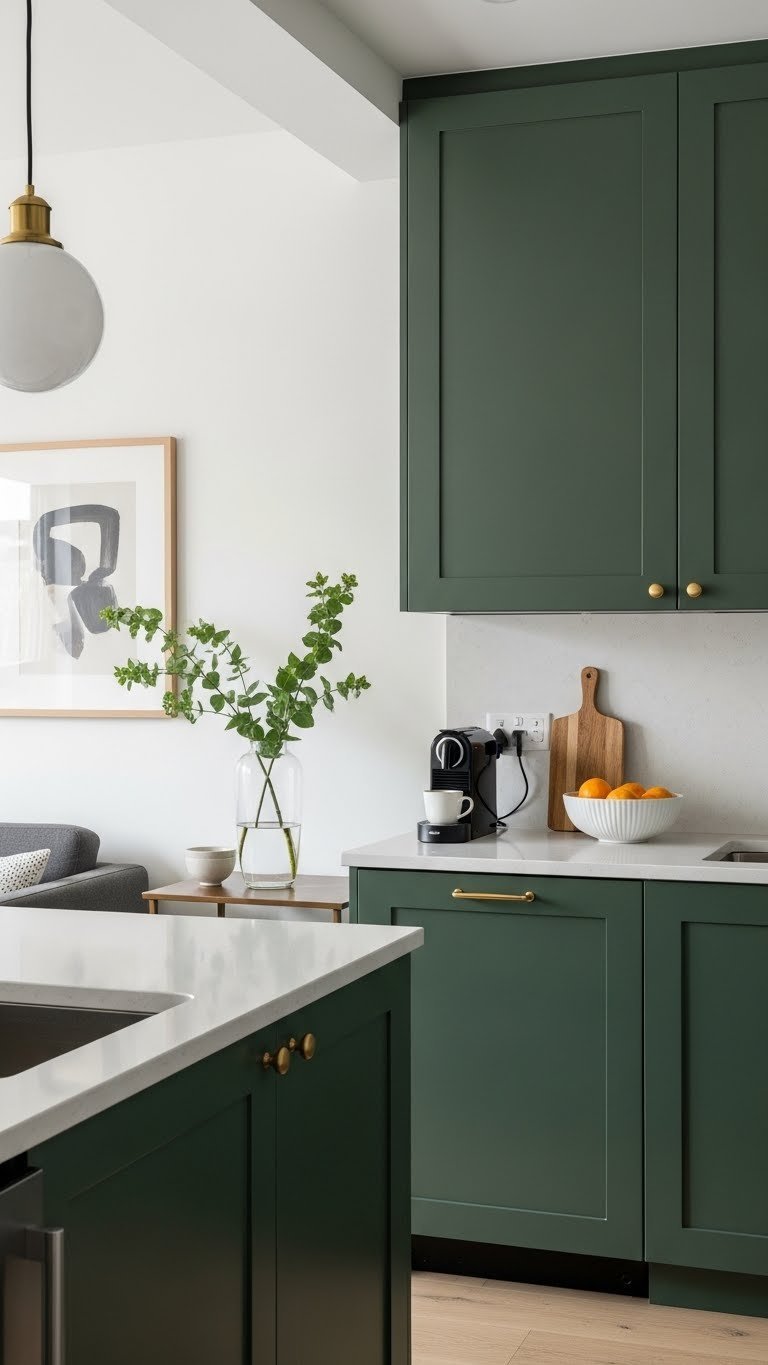 Luxurious forest green kitchen cabinets with brass accents on sleek quartz countertops in urban apartment design
