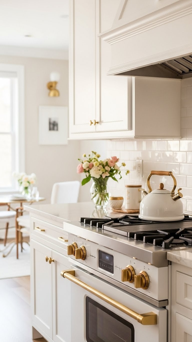 Luxurious kitchen showcasing white appliances paired with elegant brass hardware on white cabinetry