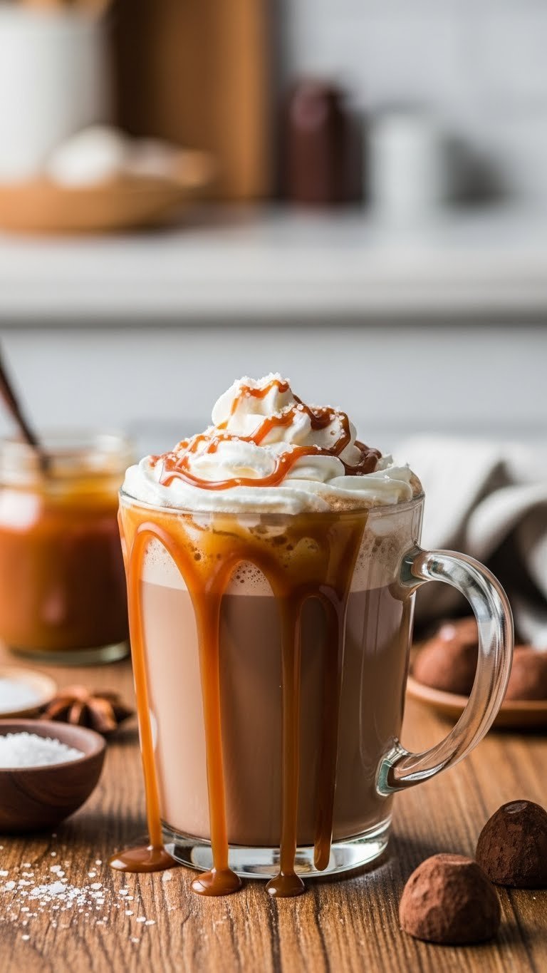 Luxurious salted caramel hot chocolate with caramel ribbons and sea salt flakes in clear glass mug