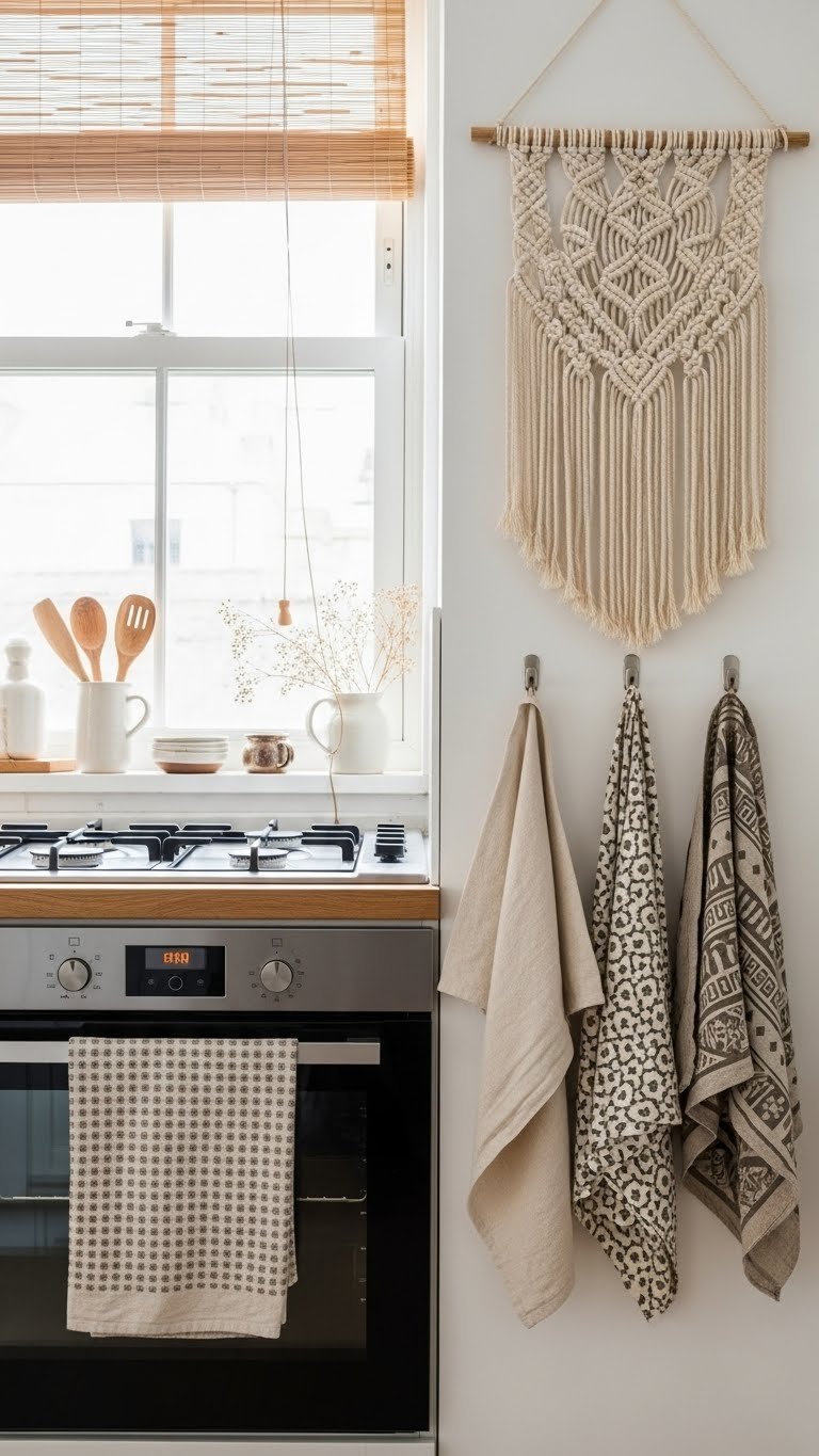 Macrame wall hanging and natural linen textiles adding handmade texture to bohemian apartment kitchen decor