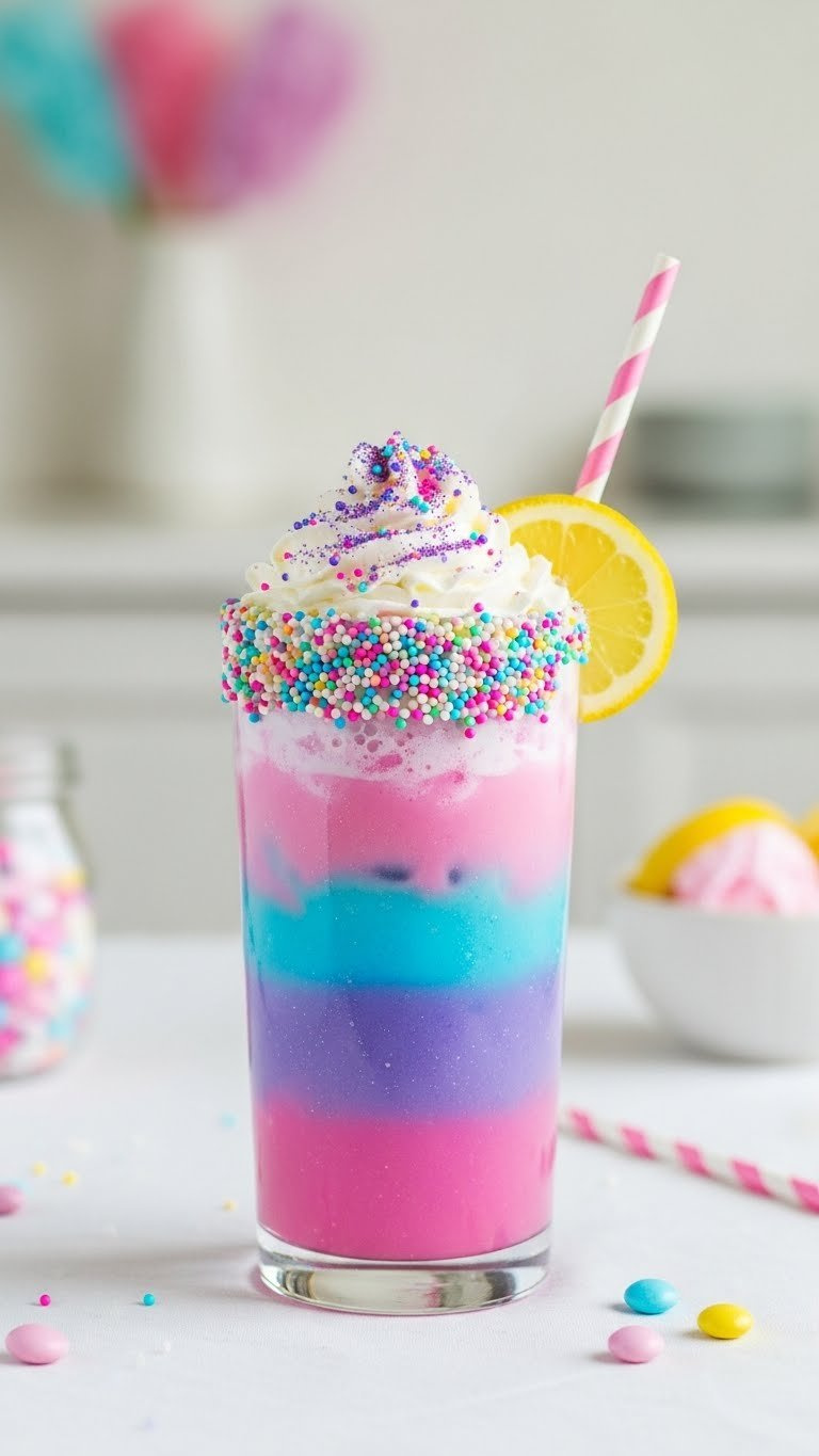 Magical Unicorn Lemonade with vibrant pink, blue and purple layers topped with whipped cream and colorful sprinkles in tall glass.
