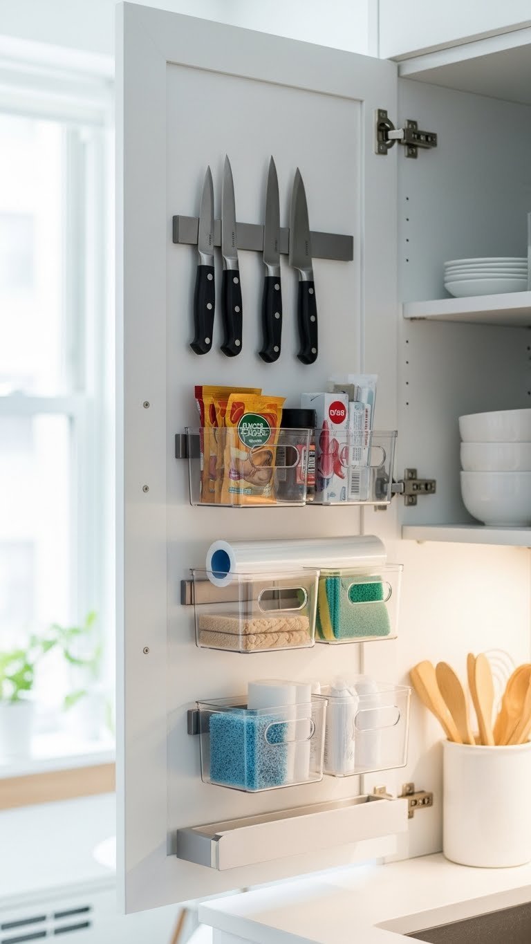 Magnetic cabinet door storage with knives and clear bins organized inside minimalist NYC apartment kitchen