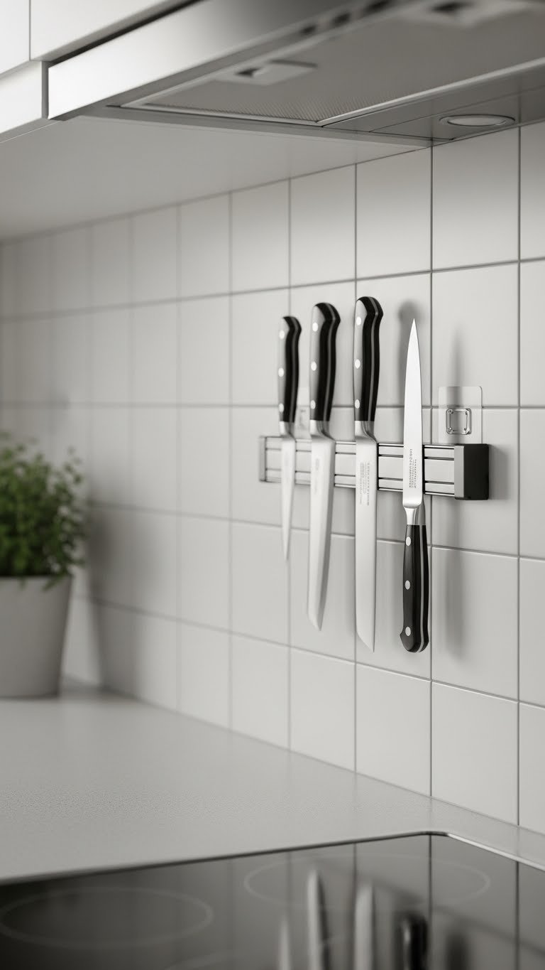 Magnetic knife strip mounted on tile backsplash holding stainless steel chef's knives in organized display.
