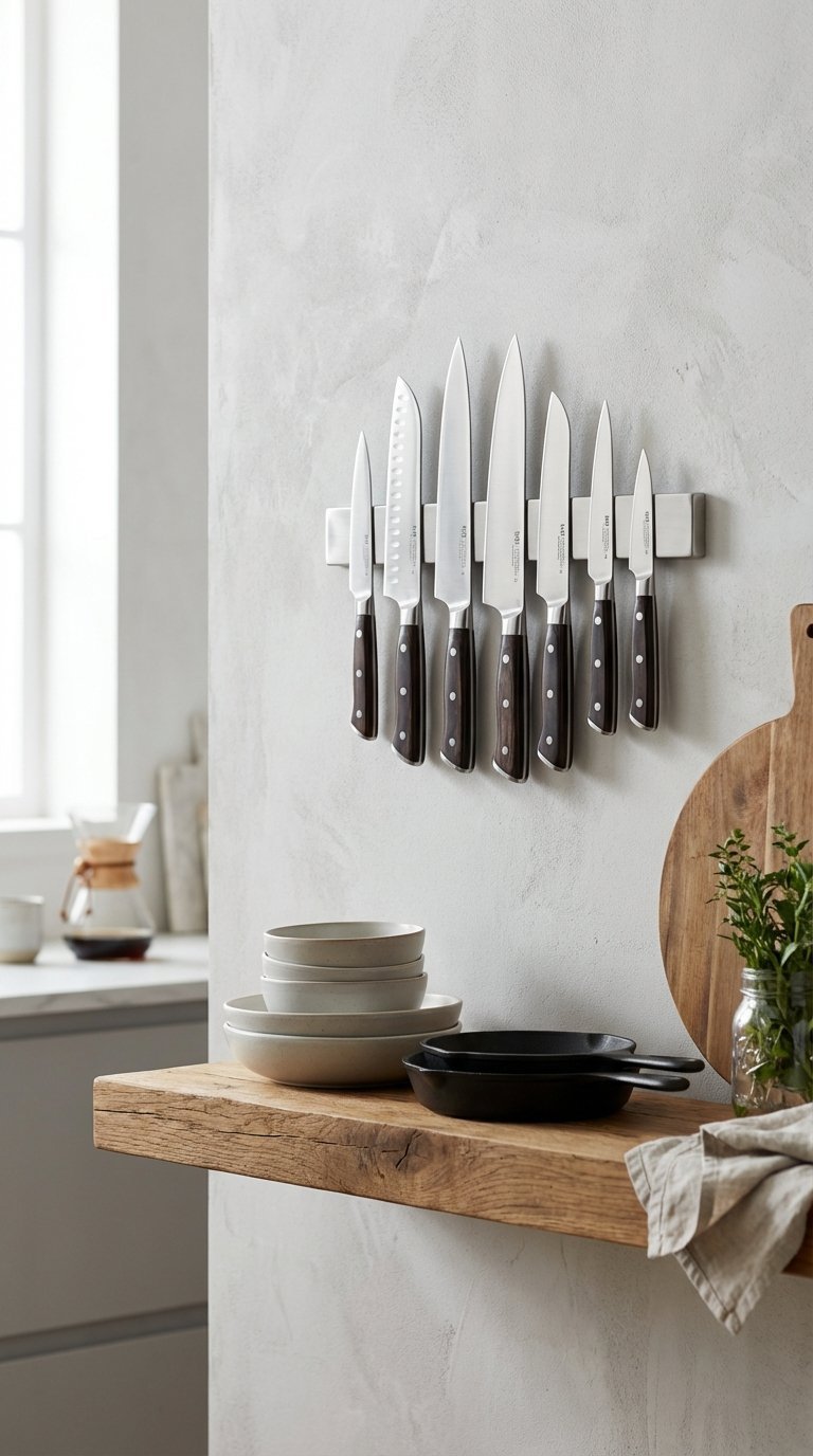 Magnetic knife strip with stainless steel knives above rustic wood shelf in optimized apartment kitchen storage.