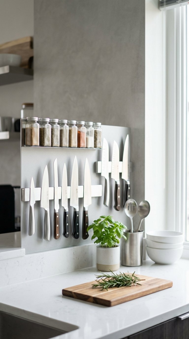 Magnetic spice rack and knife strip wall organization system for clutter-free kitchen space