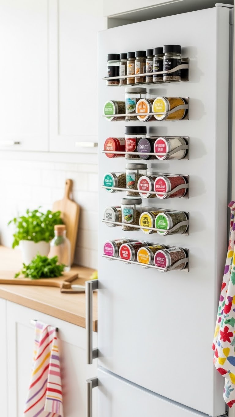 Magnetic spice rack with colorful spice tins attached to white refrigerator in bright kitchen.