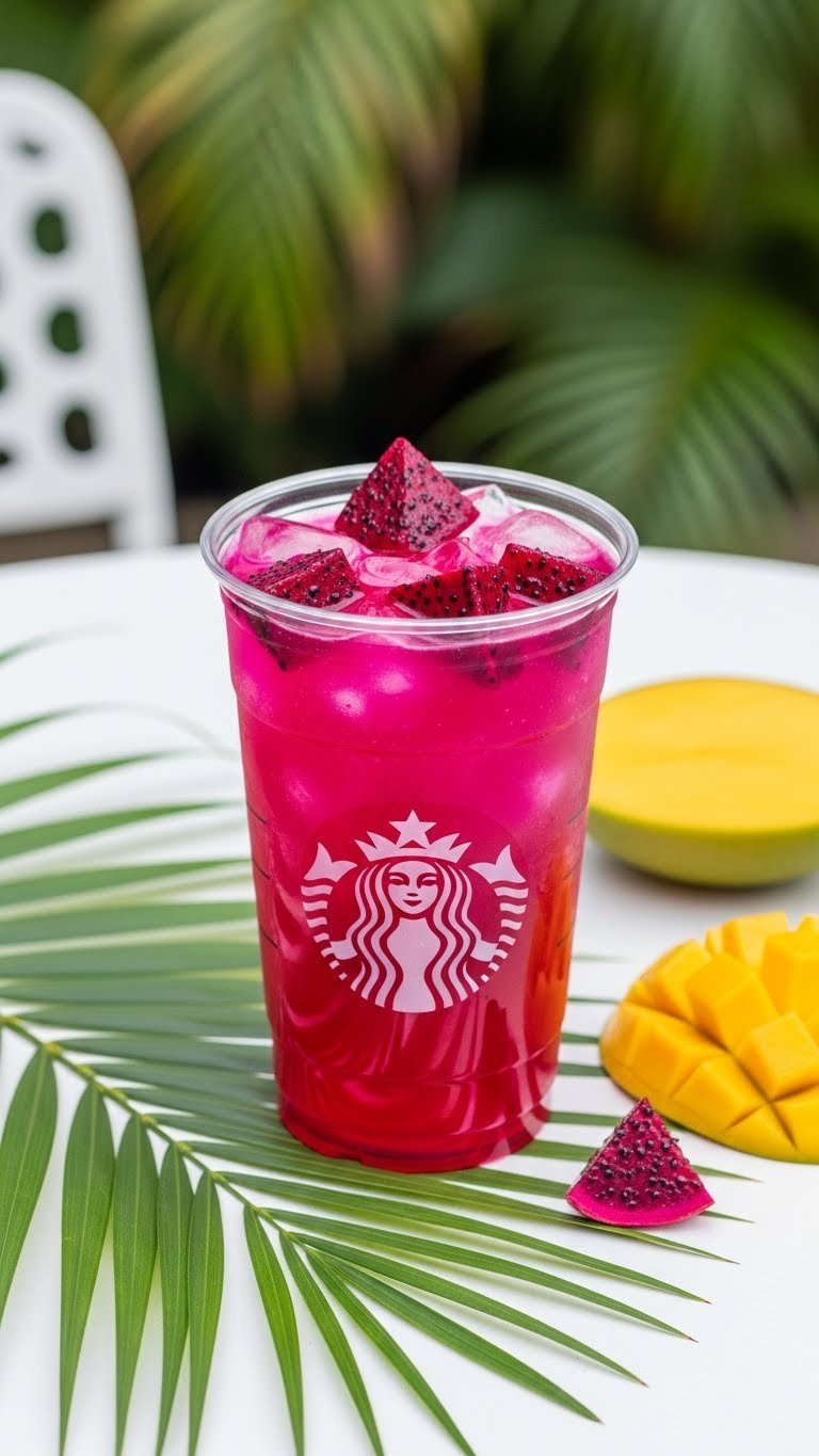 Mango Dragonfruit Refresher with dragonfruit pieces in clear Starbucks cup on bright outdoor table
