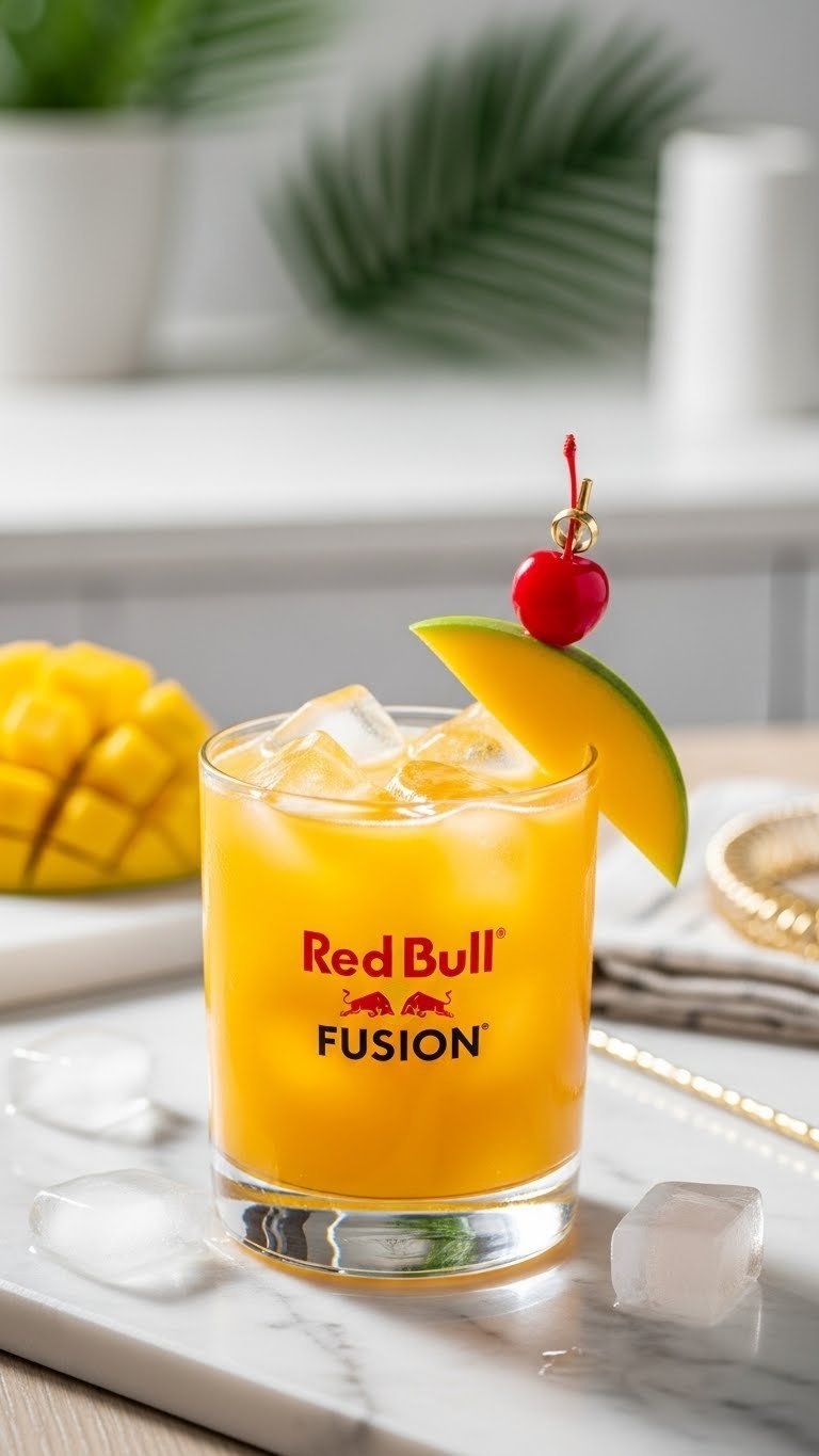 Mango Red Bull Fusion cocktail in modern glass with mango slice and cherry tropical garnish