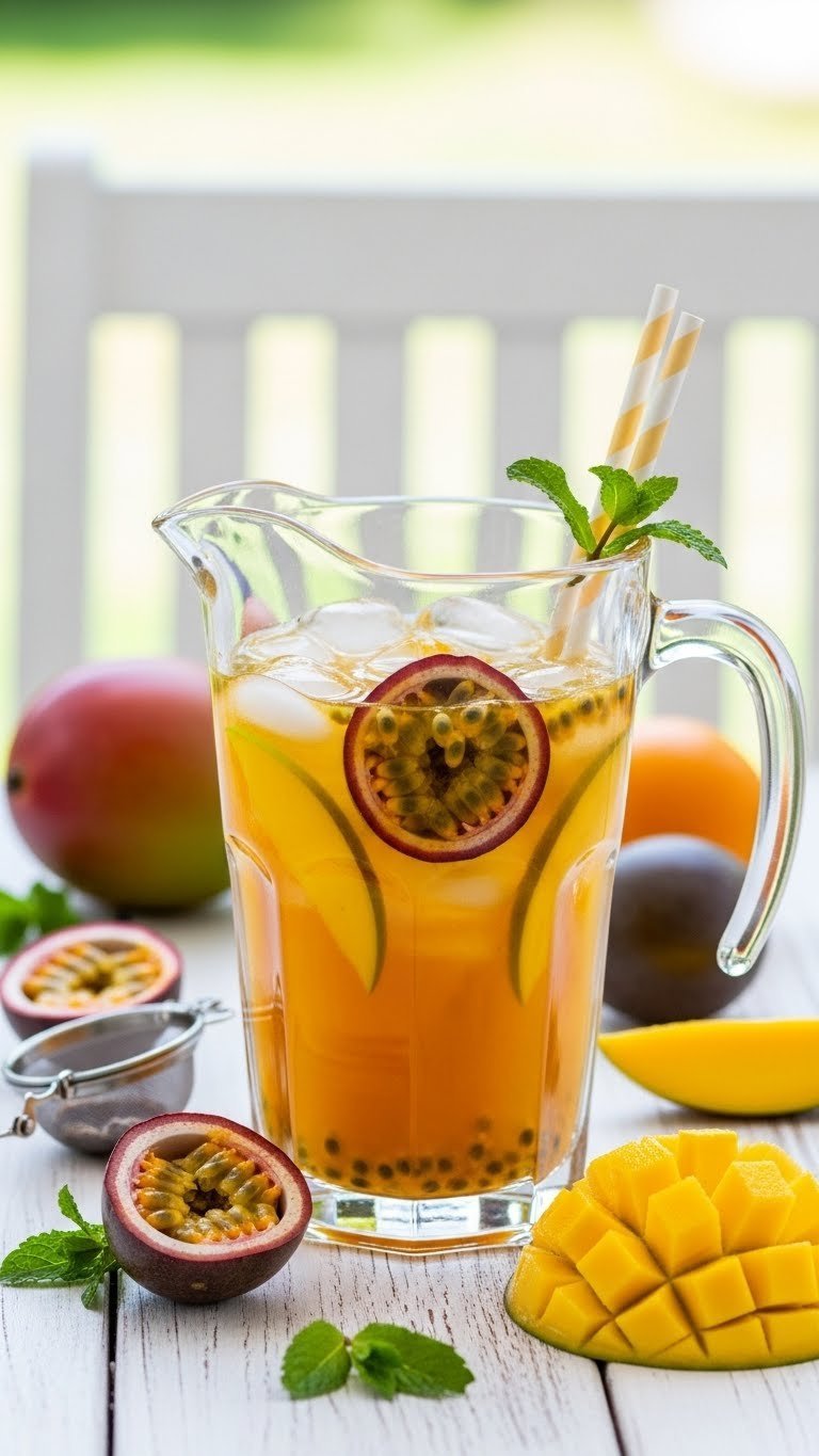 Mango and passion fruit iced tea in clear pitcher with fresh fruit slices and ice