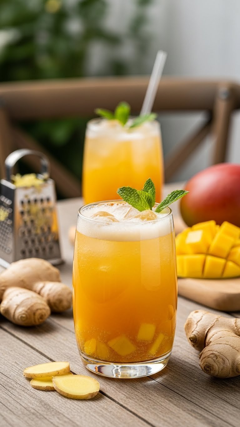 Mango ginger fizz in mason jar with fresh ginger slices and mint sprig garnish