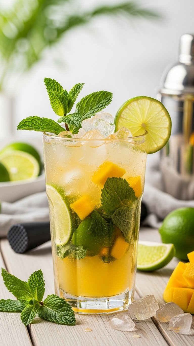Mango mojito cocktail in condensation-beaded glass with mint leaves and mango chunks