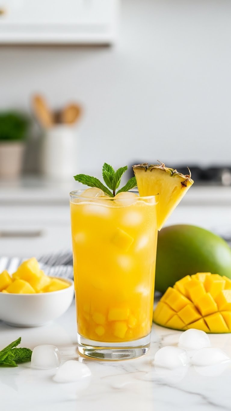 Mango pineapple cooler in clear glass with pineapple wedge garnish on marble countertop