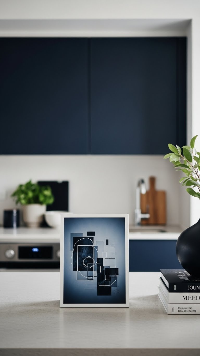 Masculine abstract art displayed on kitchen wall above countertop with dark cabinets and minimalist decor.