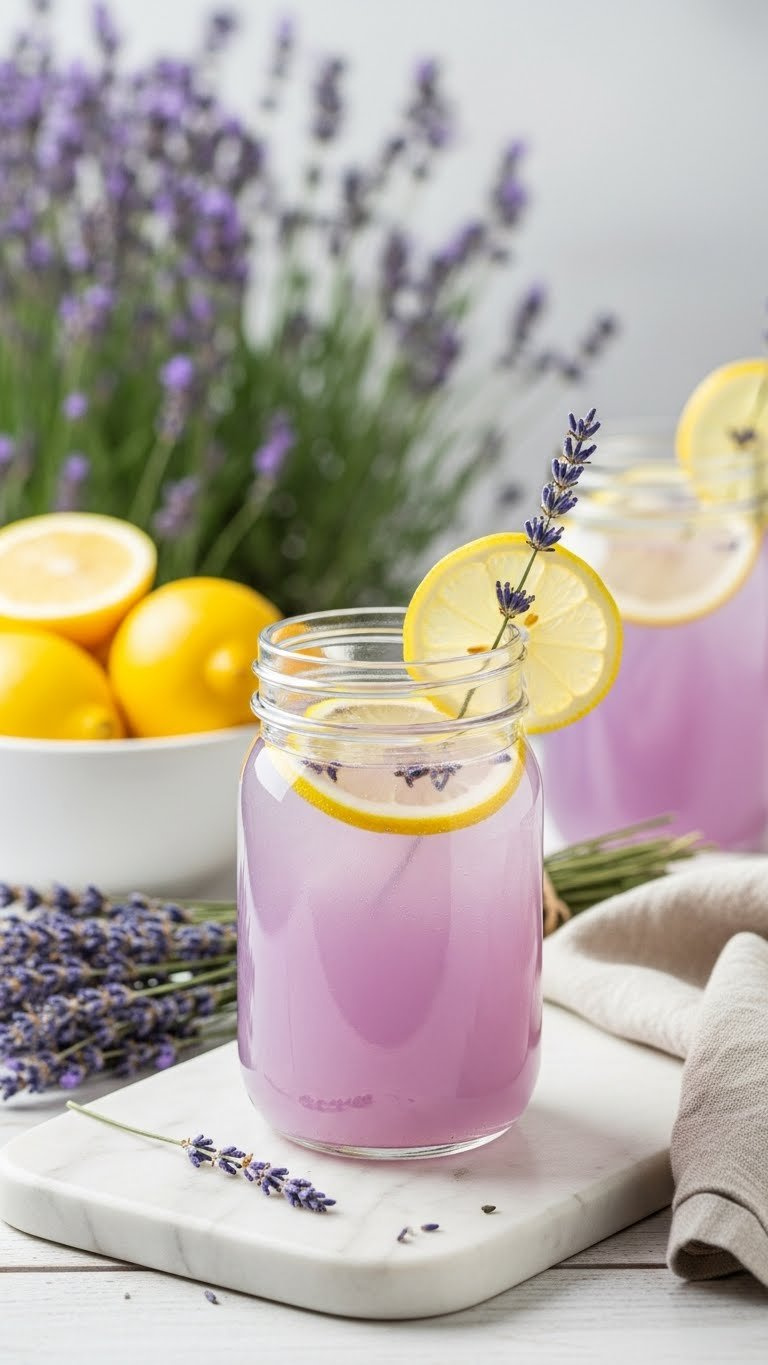 Mason jar filled with pale purple lavender lemonade refresher garnished with lemon slice and dried lavender sprig on white table