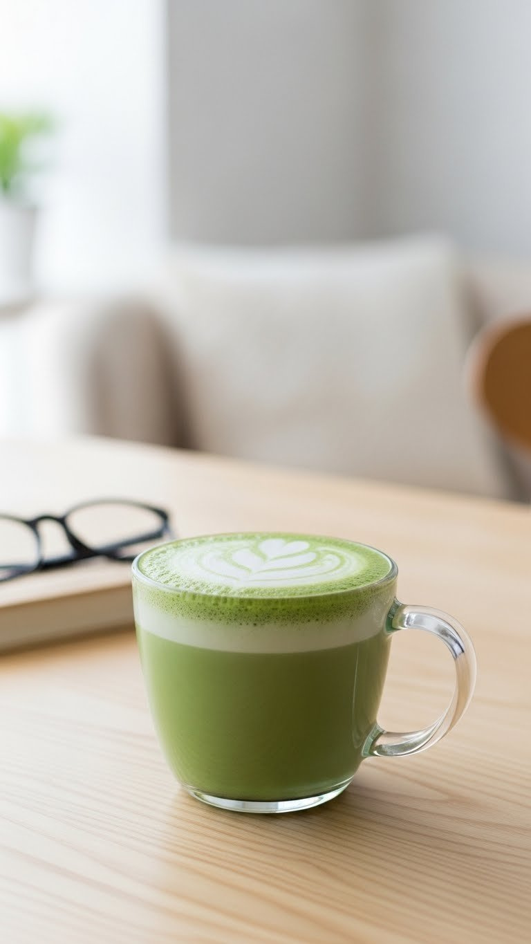 Matcha Green Tea Latte in ceramic mug with frothy milk layer on light wooden table