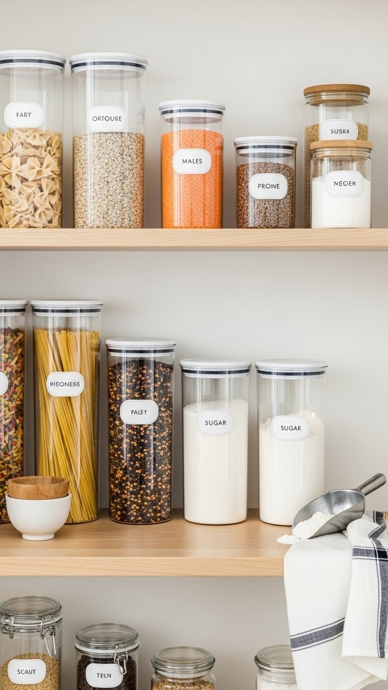 Matching clear airtight pantry containers filled with colorful dry goods like pasta and lentils neatly arranged on light wooden shelf.
