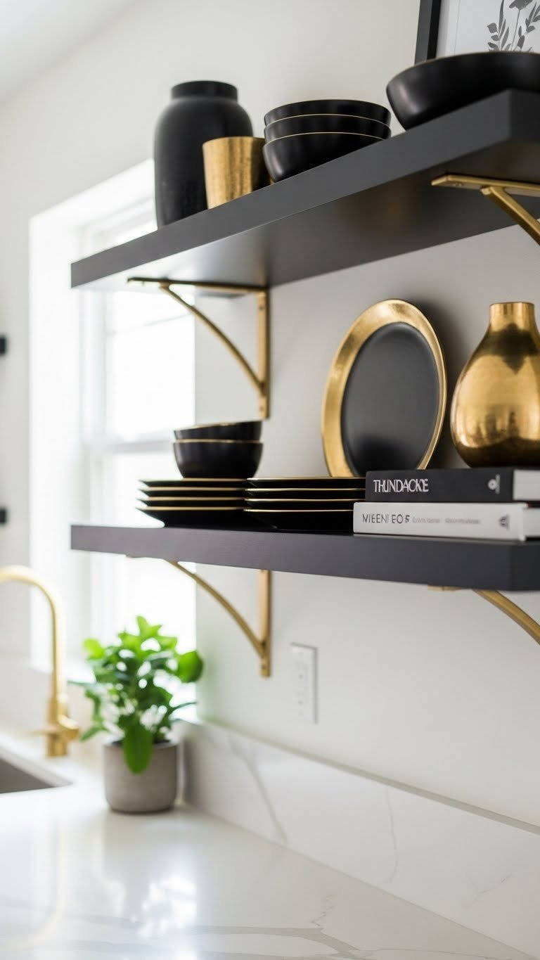 Matte black open shelves with gold brackets displaying curated black and gold kitchen decor