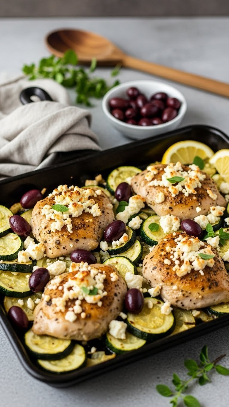 Mediterranean baked chicken and zucchini topped with feta cheese and kalamata olives in dark cast iron skillet.
