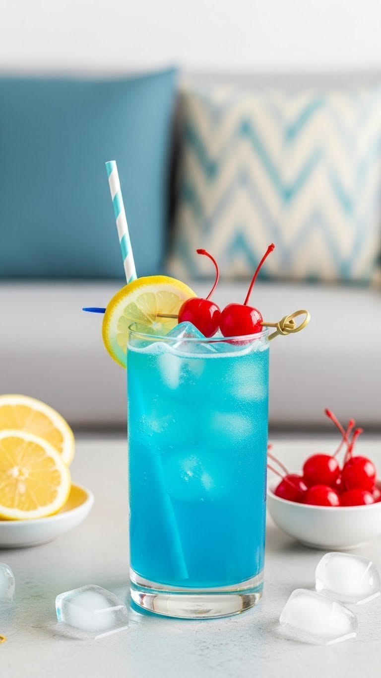Mesmerizing Blue Lagoon mocktail with lemon wheel and maraschino cherry garnish in tall glass on minimalist table