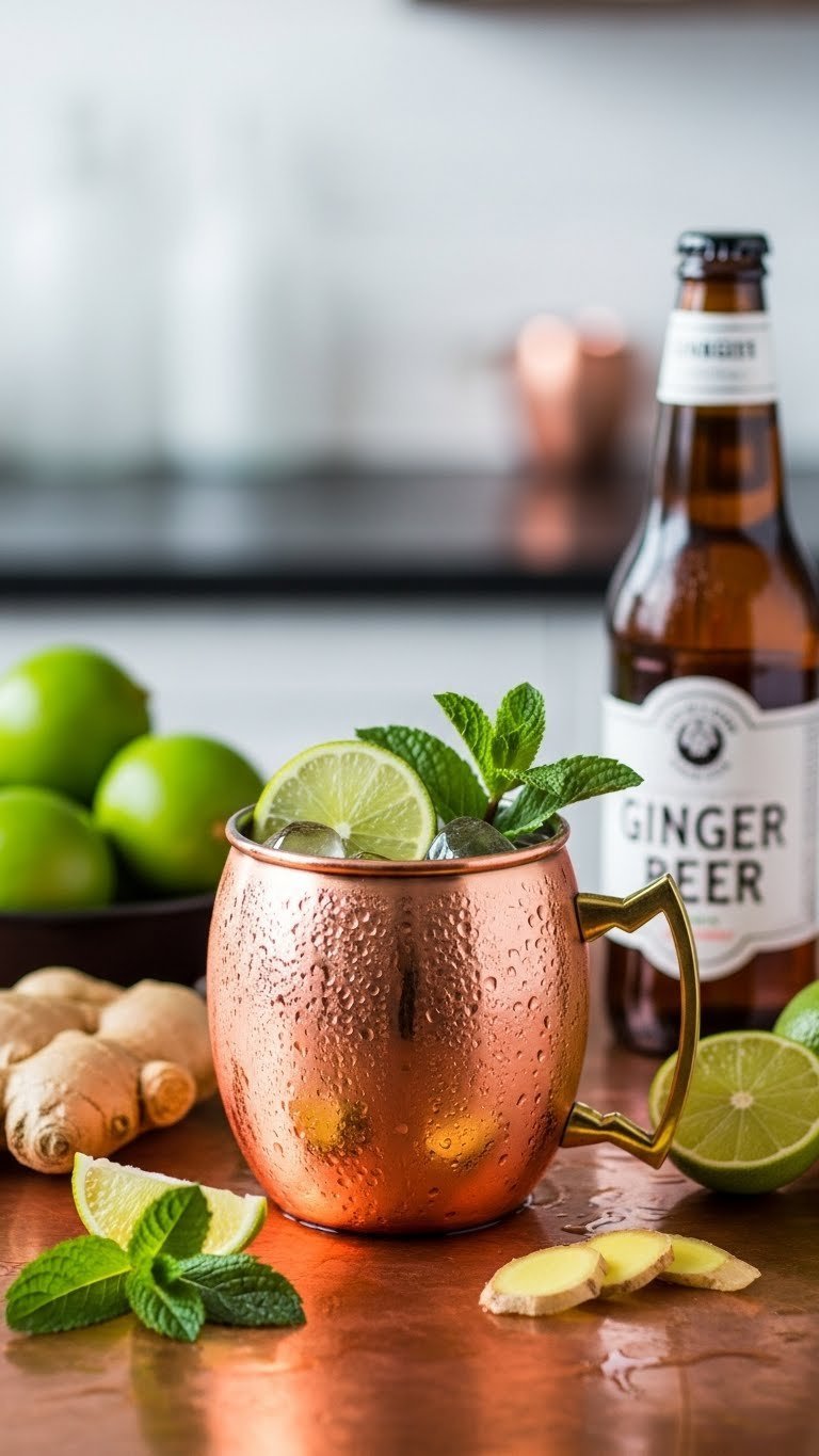 Mexican Mule with ginger beer effervescence in copper mug with mint sprig garnish