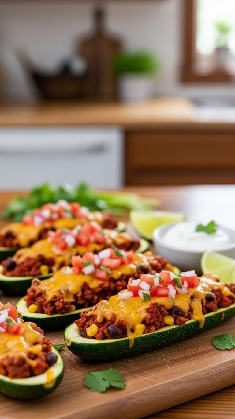 Mexican style zucchini boats with taco-seasoned ground beef, melted cheddar cheese, and fresh pico de gallo topping
