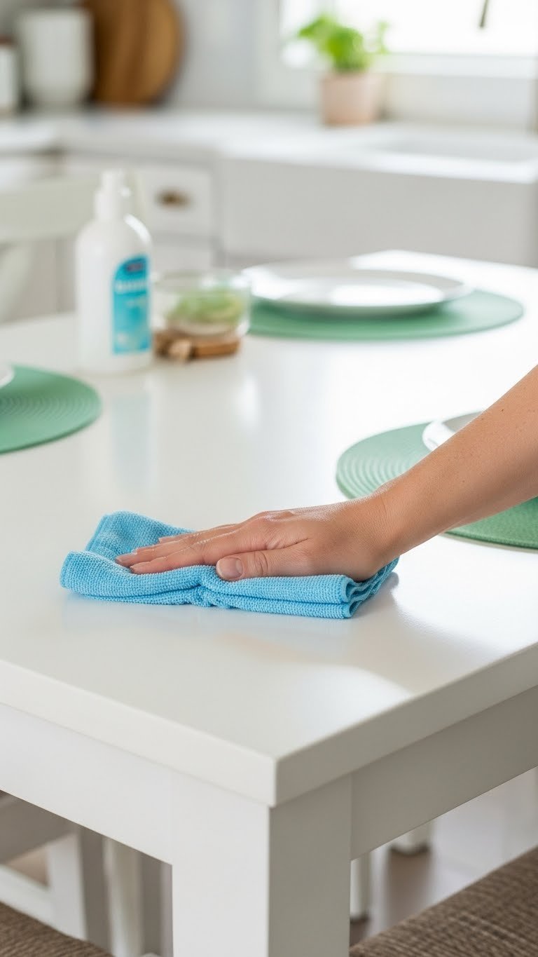 Microfiber cloth gently wiping satin painted kitchen table surface for maintenance and cleaning.