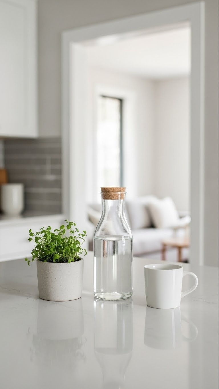 9 Genius Minimalist Apartment Kitchen Ideas: Small Space Hacks 1 Minimalist apartment kitchen countertop with uncluttered quartz surface featuring a ceramic planter and glass carafe in soft daylight