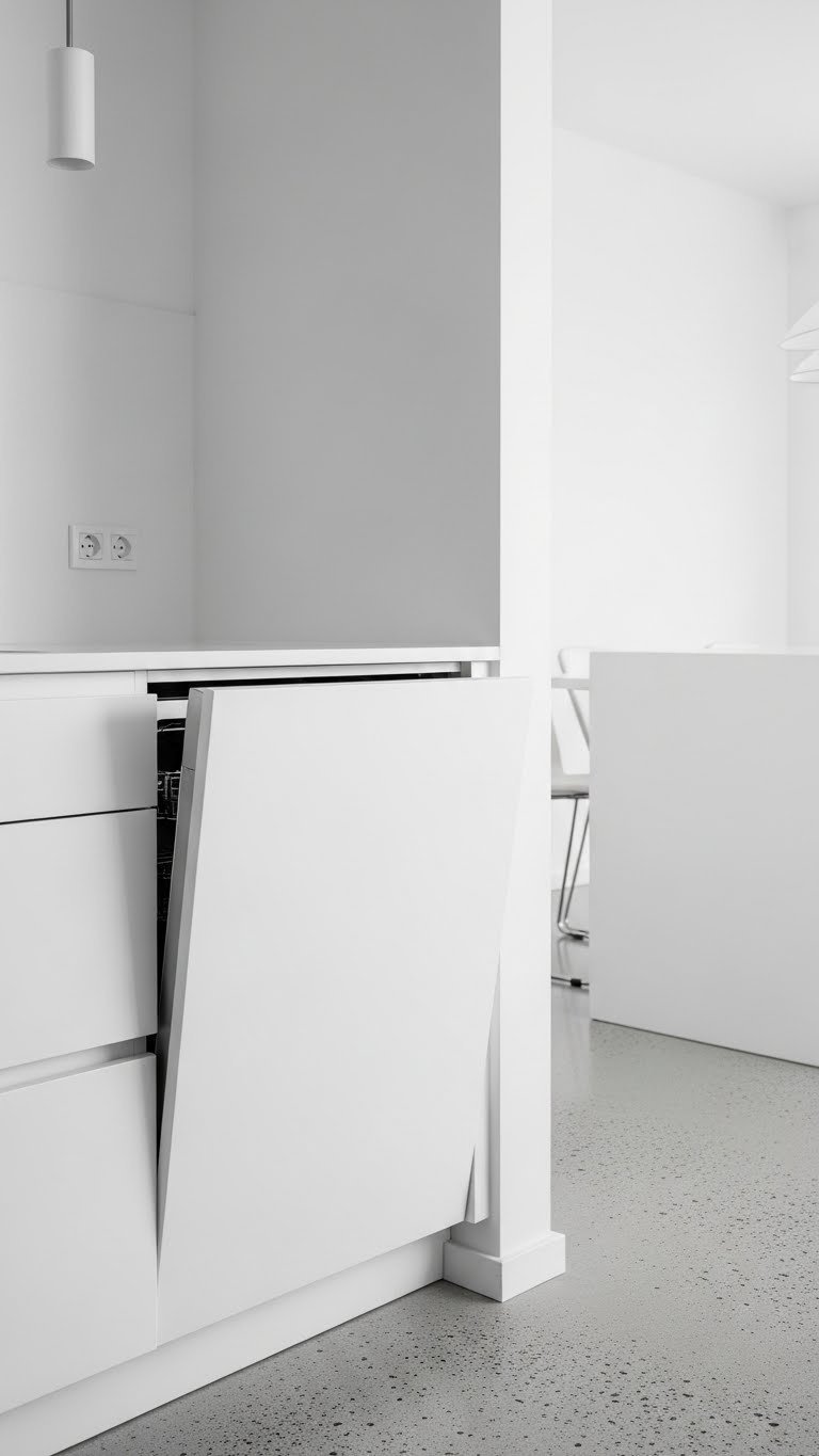 White Kitchen Cabinets: 9 Proven Apartment Ideas For Space 7 Minimalist apartment kitchen with handleless white flat-panel cabinets concealing integrated appliances like dishwasher.