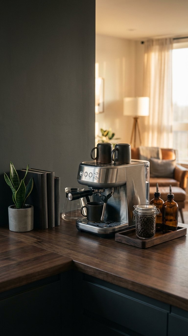 Minimalist bachelor apartment coffee station with modern machine and organized accessories on dark wood countertop.