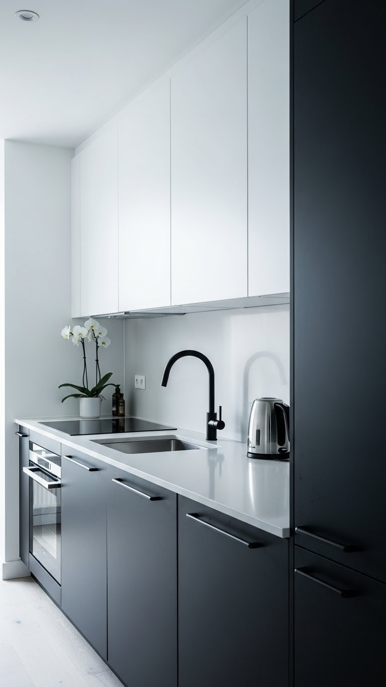 Minimalist black and white apartment kitchen with matte black lower cabinets, glossy white uppers, and light quartz countertops featuring white orchid and stainless steel kettle