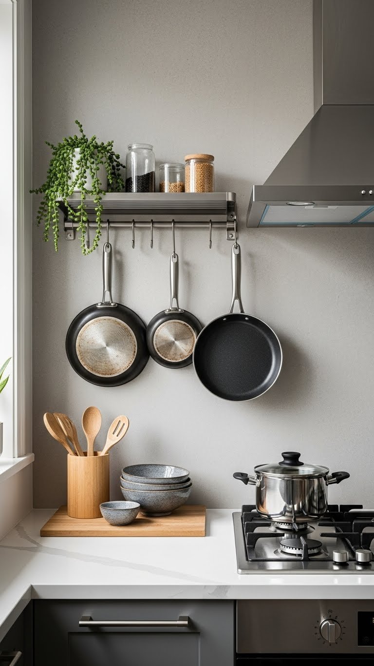 Minimalist display of pots and pans hanging from pegboard rail system against textured neutral wall