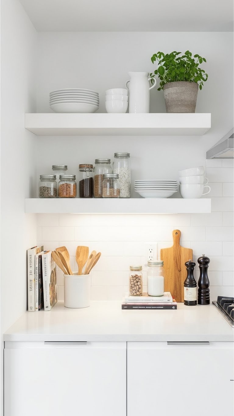 Minimalist floating shelves with white ceramic plates and glass spice jars organized neatly above a small studio apartment kitchen countertop