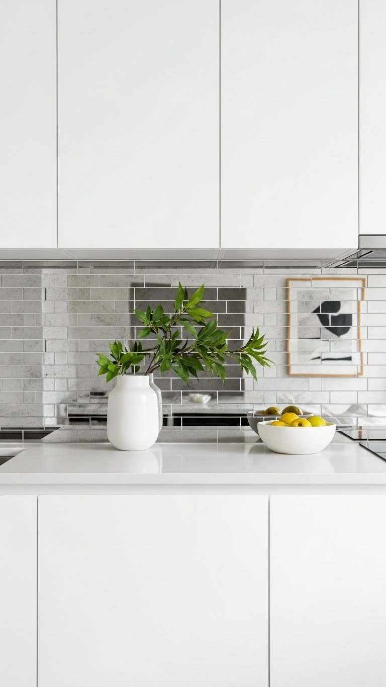 Minimalist kitchen backsplash made of polished mirror tiles reflecting opposite wall to create illusion of increased space