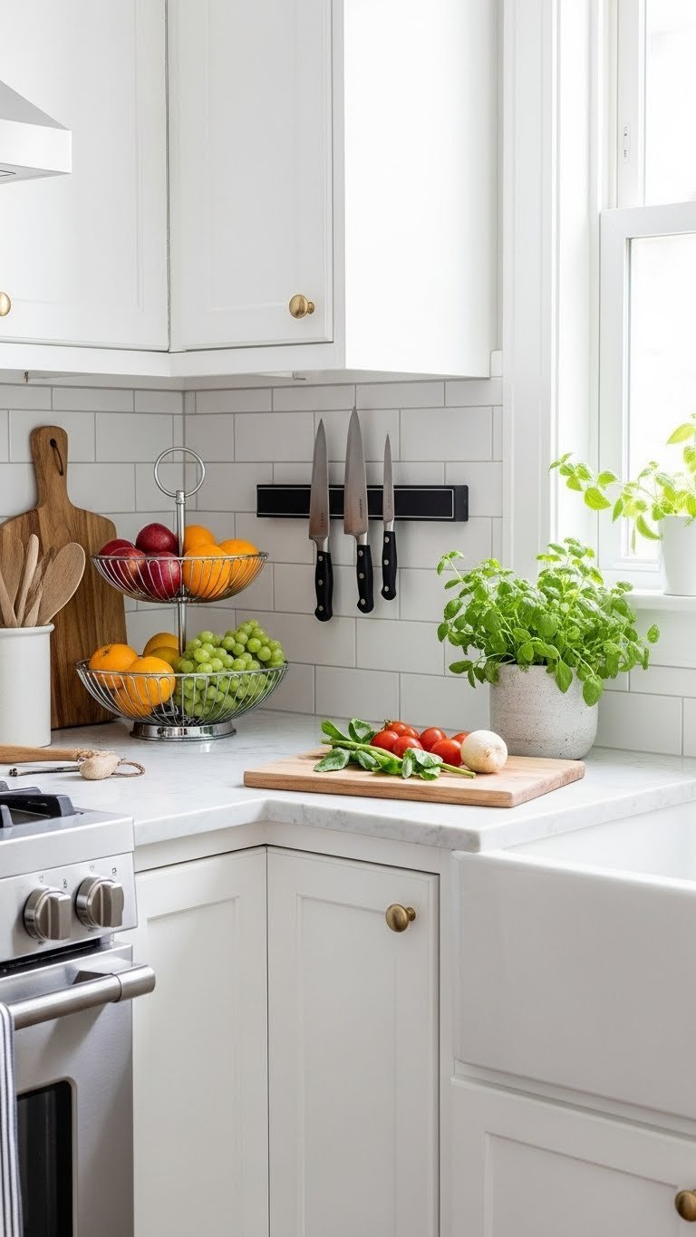 Minimalist kitchen countertop with tiered fruit basket, herb garden, and magnetic knife strip on backsplash