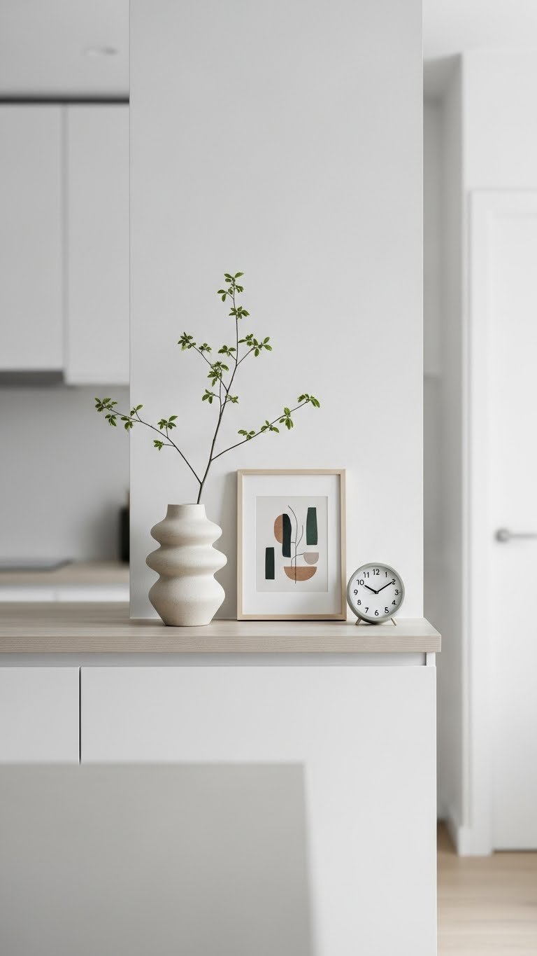 9 Genius Minimalist Apartment Kitchen Ideas: Small Space Hacks 17 Minimalist kitchen decor featuring curated ceramic vase on clean countertop surrounded by visually quiet space